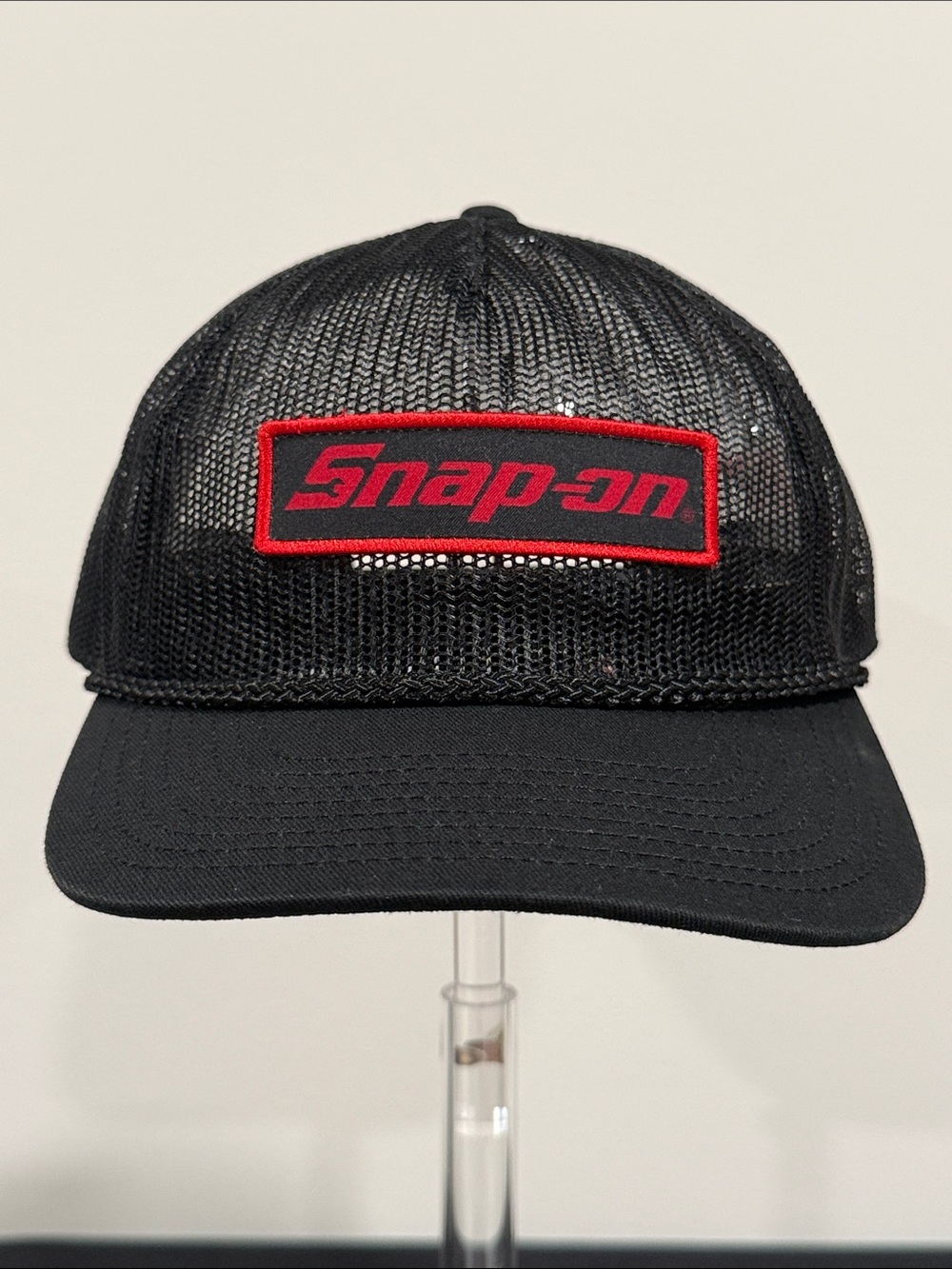Vintage 90s Snap On Tools Trucker Hat All Mesh Rope Bill Racing Stripe Black
